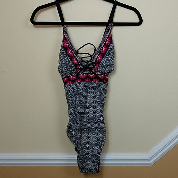 Kona Sol Lace-up Bodice One-piece Black & White Print Suit with Border sz Medium - Picture 2 of 8